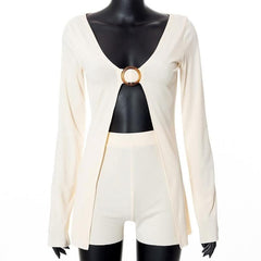 V neck long sleeve o ring slit solid crop top pant set-final-sale