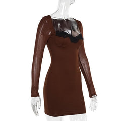 Long sleeve lace hem solid mini dress