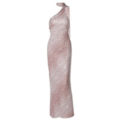 Irregular halter leopard print contrast maxi dress