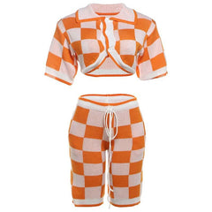 Turnover collar button drawstring plaid knitted pant set