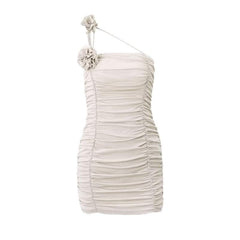 Flower applique one shoulder irregular ruched mini dress-final-sale
