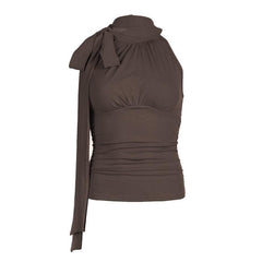 Sleeveless high neck knotted ruched top