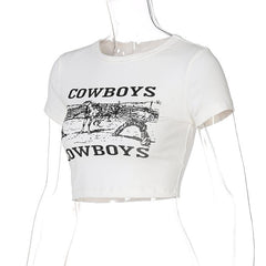“COWBOYSâ€?print short sleeve crewneck crop top