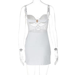 O ring lace ruched button backless cami mini dress