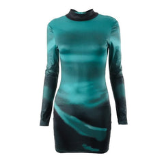 High neck long sleeve self tie backless gradient mini dress-final-sale