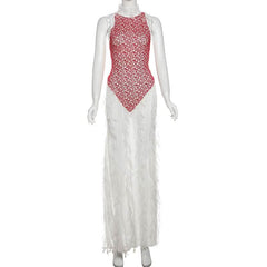 High neck patchwork tassels backless maxi dress