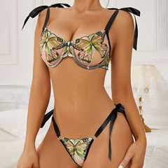 Sweetheart neck butterfly embroidery cami lingerie set