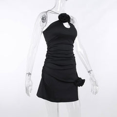 Ruched flower applique hollow out backless slit cut out mini dress-final-sale