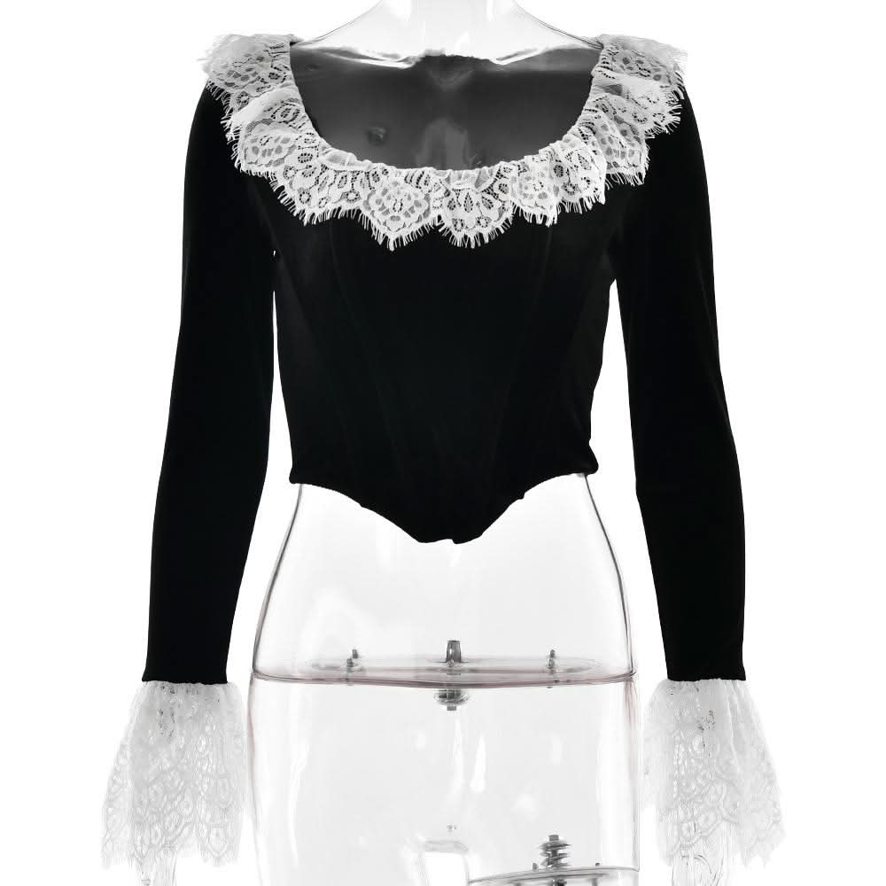 Long flared sleeve lace patchwork velvet zip-up top