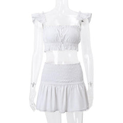 Smocked solid cap sleeve ruffle button mini skirt set-final-sale