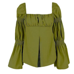 Flared pleated sleeve smocked square neck slit solid top-final-sale