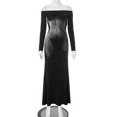 Long sleeve off shoulder print contrast maxi dress-final-sale