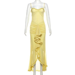 Mesh ruffle solid backless cami maxi dress