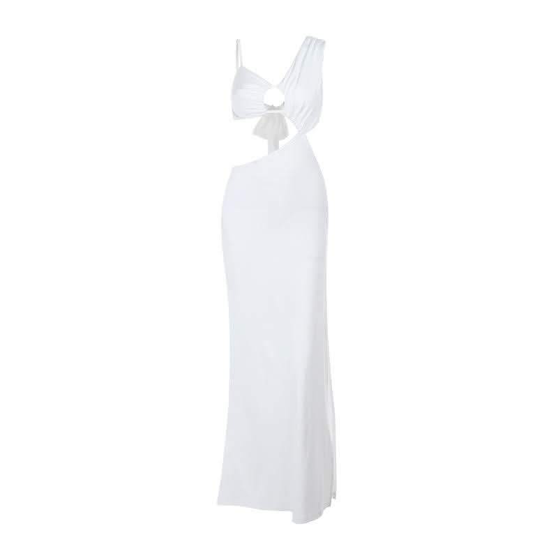 Irregular hollow out ruched solid cut out maxi dress