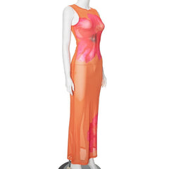 Sleeveless crewneck flower print sheer mesh maxi dress