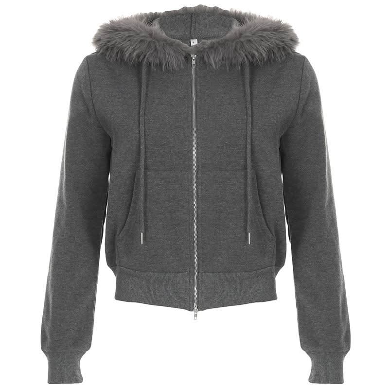Hoodie long sleeve fluffy zip-up coat top