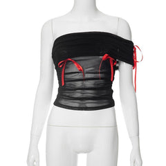 Sheer mesh see through bowknot irregular off shoulder top