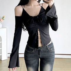Off shoulder long sleeve self cross back button top
