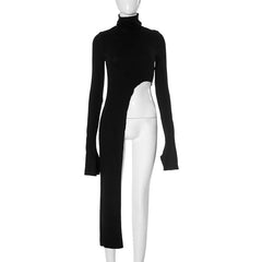 High neck long sleeve irregular solid top