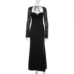 Sweetheart neck long sleeve self tie slit maxi dress