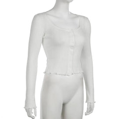 Long sleeve u neck button textured top