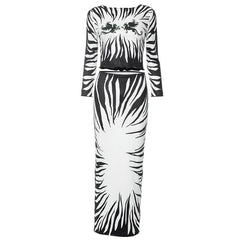 Abstract long sleeve contrast backless self tie maxi skirt set-final-sale
