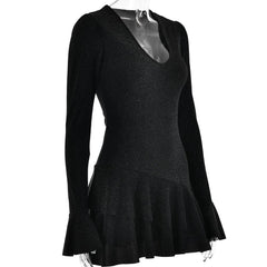 Textured v neck ruffle irregular long flared sleeve mini dress-final-sale
