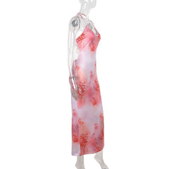 U neck halter butterfly applique print slit maxi dress