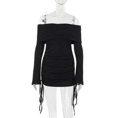 Long flared sleeve off shoulder drawstring mini dress