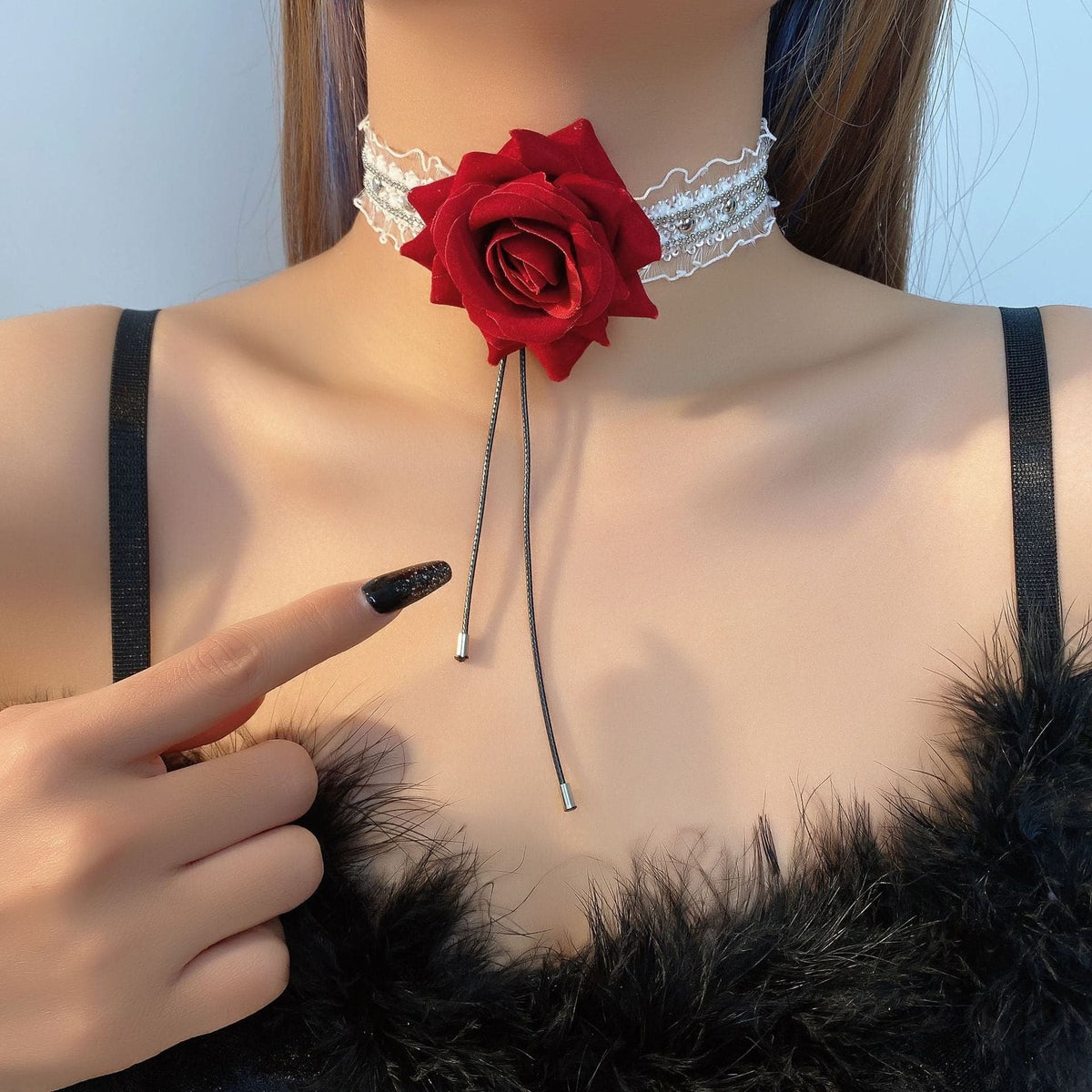 Flower decor ruffle lace choker necklace