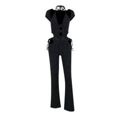 Halter o ring self tie hollow out jumpsuit