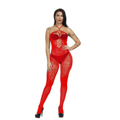 Halter patchwork lace backless bodystocking