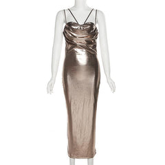 Metallic ruched backless patchwork solid midi dress- Final Sale