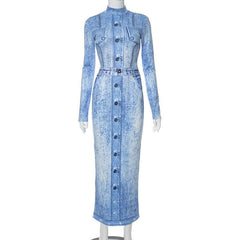 Denim print contrast high neck long sleeve maxi dress-final-sale