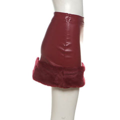 PU leather fluffy patchwork zip-up mini skirt