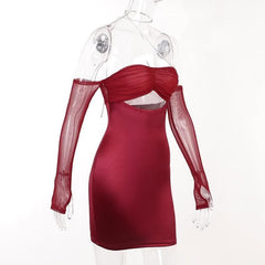 Mesh gloves solid halter ruched hollow out off shoulder cut out mini dress-final-sale