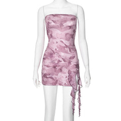 Ruffle print stitch mesh contrast backless tube mini dress