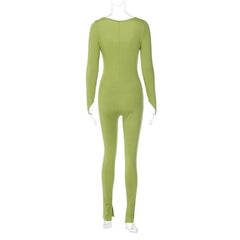 Long sleeve solid u neck slit jumpsuit- Final Sale-final-sale