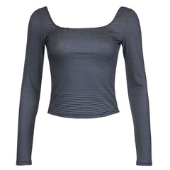 Long sleeve u neck striped backless top