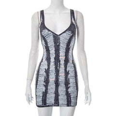 Denim print v neck backless contrast sleeveless mini dress-final-sale