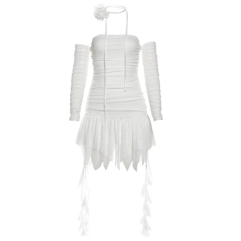 Off shoulder ruched long sleeve solid mini dress