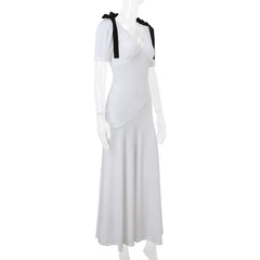 Short puff sleeve bowknot v neck maxi dress
