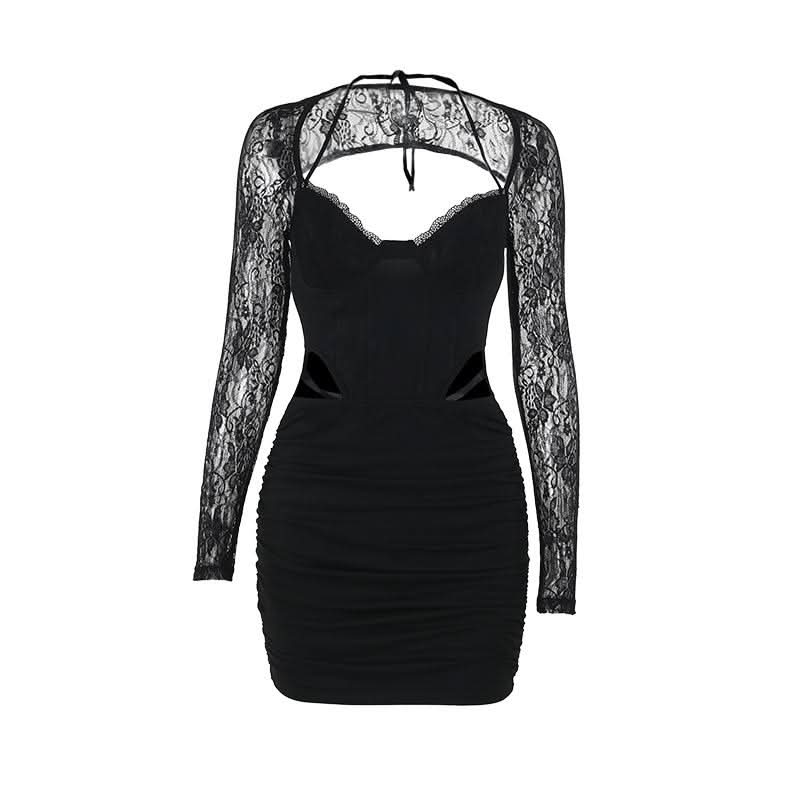 Long sleeve lace hollow out ruched self tie cut out mini dress