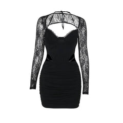 Long sleeve lace hollow out ruched self tie cut out mini dress