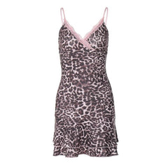 Leopard print v neck lace hem cami mini dress
