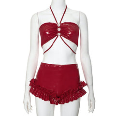 PU leather ruffled halter heart button pant set