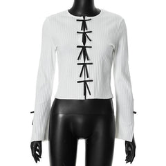 Long sleeve slit hollow out bowknot textured cut out top-final-sale
