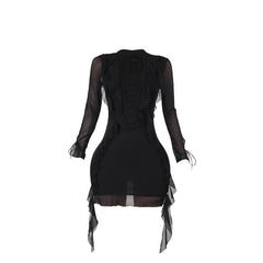 Long sleeve lace up ruffle self tie mesh mini dress-final-sale