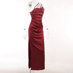 Solid satin ruched one shoulder slit midi dress-final-sale