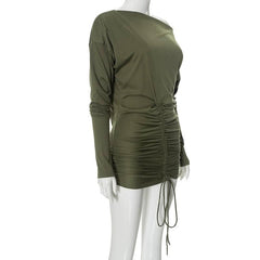 Ruched drawstring self tie long sleeve irregular mini dress